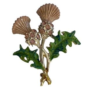 Vintage Thistle brooch pin enamel flower signed exquisite silver rhinestones 60s
